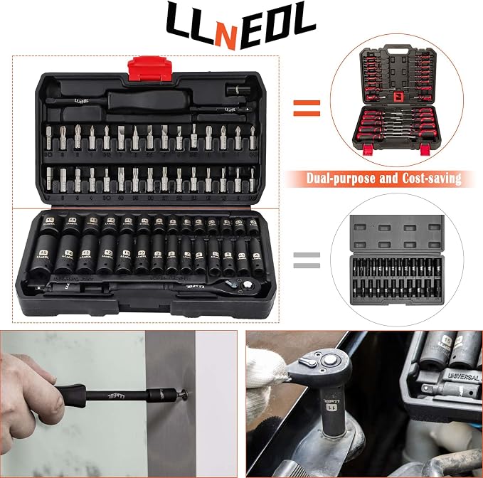 LLNEDL 1/4" Impact Socket Set, 63Pcs Drive Wrench Set Metric | Deep and Shallow 6 Point, Automotive Tool Kit with 72T Ratchet for Bicycle & Car Repairing