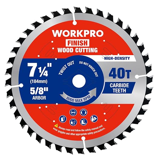 WORKPRO 7-1/4 Inch Woodworking Circular Saw Blade, 40T General Purpose Wood Cutting, Thin Kerf, Carbide Tipped, ATB Tooth, 1-Pack
