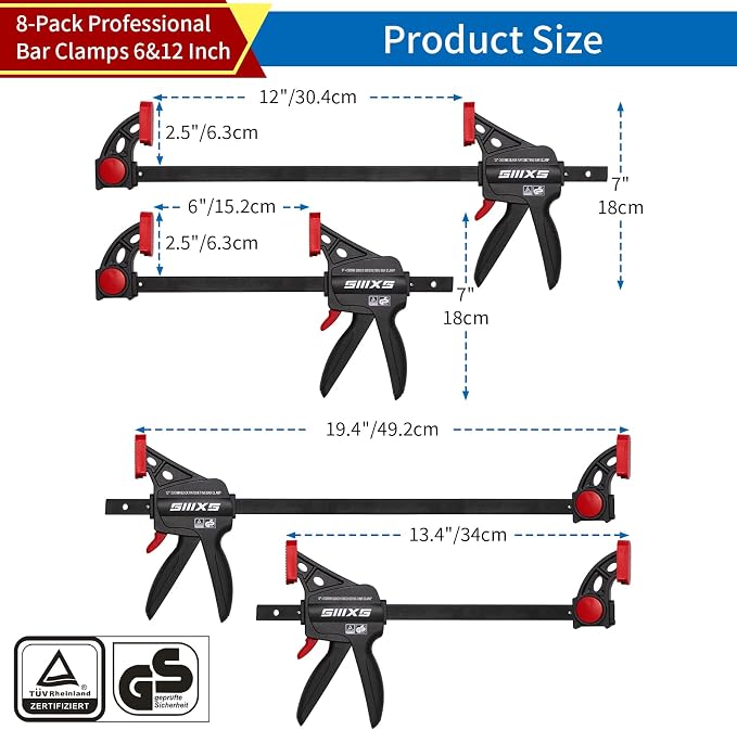 12" and 6" Bar Clamps for Woodworking, 8-Pack One-Handed Wood Clamps/Spreader, Quick-Release F Clamps Set, 177 lbs Load Limit with GS Certificate