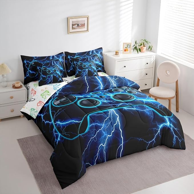 Erosebridal Gaming Bed in a Bag King Size Comforter Set 7-Piece, Gamer Bedding Sets Video Game Consoles Comforter and Sheet Set, Blue Lightning Room Decor,Gamer Room Decor for Boys