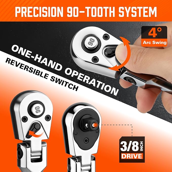 HORUSDY 3/8" Drive 90-Tooth Flex Head Ratchet Handle, 180° Adjustable CR-V Ratchet with Quick Release & Reversible Switch, 4° Swing Arc Socket Wrench for Automotive, Bike & DIY Repair