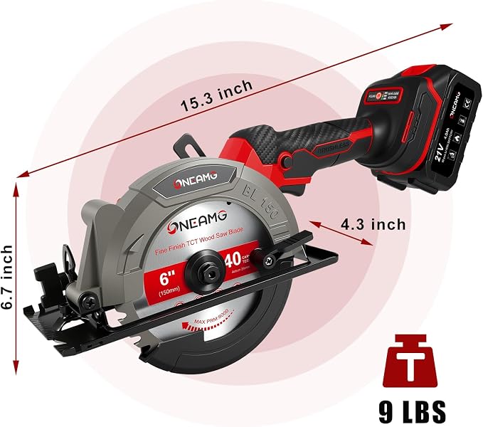 6" Cordless Circular Saw, 21V Compact Wireless Circular Saw, 4.0Ah Battery, 5800RPM, Max Cut 2-1/6" (90°), 1-1/4" (45°),w/40T & 60T Blades,Fast Charger (1Hr),Applicable to Wood,Aluminum & Plastic