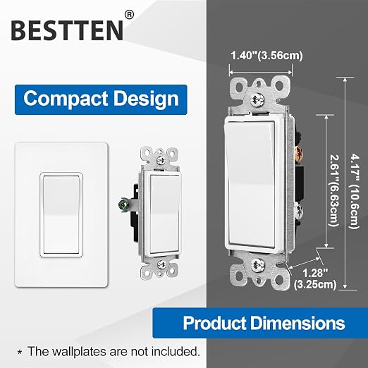 BESTTEN 30 Pack Single-Pole Decorator Wall Light Switch, 15A 120/277V, Paddle Wall Switch, On/Off Rocker Interrupter, UL Listed, White
