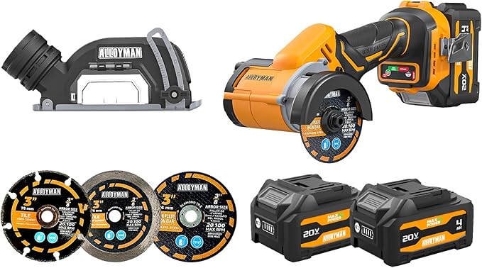 ALLOYMAN 20V Cordless Mini Circular Saw, Brushless 18,000 RPM, 3-Inch CuttingTool with Forward/Reverse, LED Light, 2×4.0Ah Batteries & Charger，for Wood, Metal,Tile,PVC Cutting