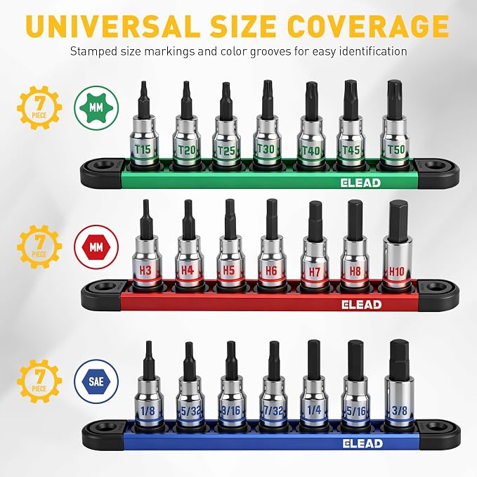 21-Piece Allen Bit Socket Set, 3/8" Drive Hex & Torx Socket Set with Magnetic Sockets Organizer Rail, S2 Steel Bit & Chrome Vanadium Steel Sockets for Professional Garages Workshop