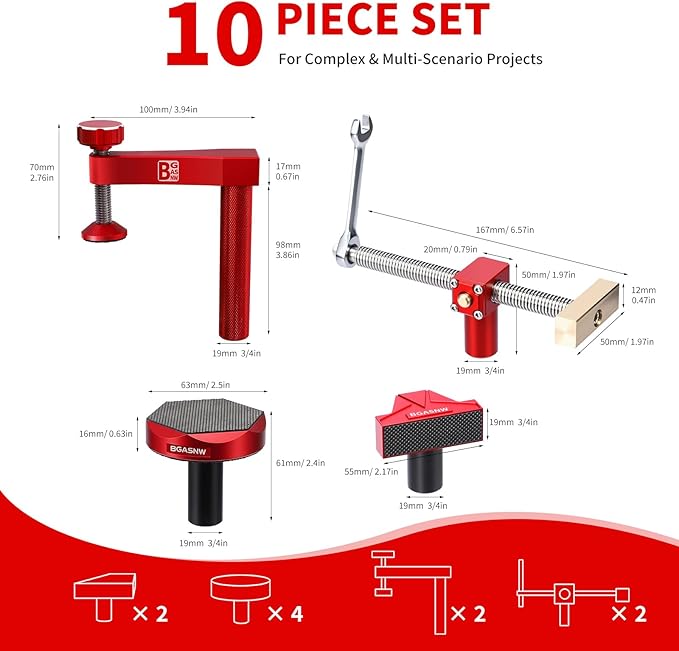 Premium Bench Dog Clamp Set for MFT Table, 10 pcs for 3/4" Dog Holes