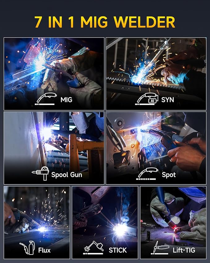 200Amp MIG Welder, 2026 Newest [Large LED Display] 110/220V Welding Machine, 7 in 1 STICK/Lift-TIG/MIG/SYN/SpoolGun/Flux/Spot, Ideal for DIY and Metal Workshop