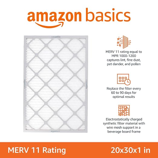 Amazon Basics 20x30x1 Air Filter 6-Pack, MERV 11 AC Furnace Filters, Removes Dust, Pet, Allergy Control, Electrostatic, Removes Lint and Pollen (Actual Size: 19.75" x 29.75" x 0.75")