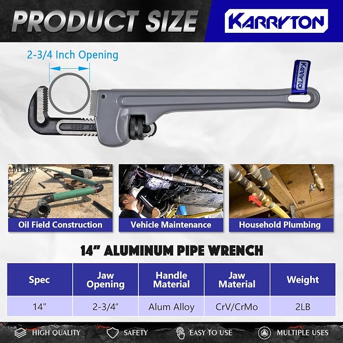 14 Inch Aluminum Pipe Wrench, 2-3/4"/70mm Adjustable Cr-Mo Jaw Opening Heavy Duty Aluminum Straight Handle Plumbing Wrenches, Perfect Plumbers Tool Exceed GGG Standard