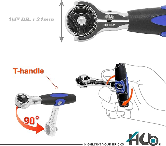 HB 49-Piece 1/4" Drive Socket & Bit Set, 90-Tooth Swivel Head Ratchet Kit