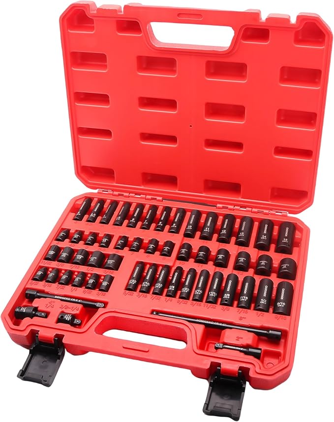 55-Piece 1/4" Drive Impact Socket Set Metric/SAE(5/32"-9/16", 4-15mm) | 6-Point CR-V steel deep & standard .Includes 2",4",6" Extension Bars, Universal Joint & Adapter,Ratchet Handle