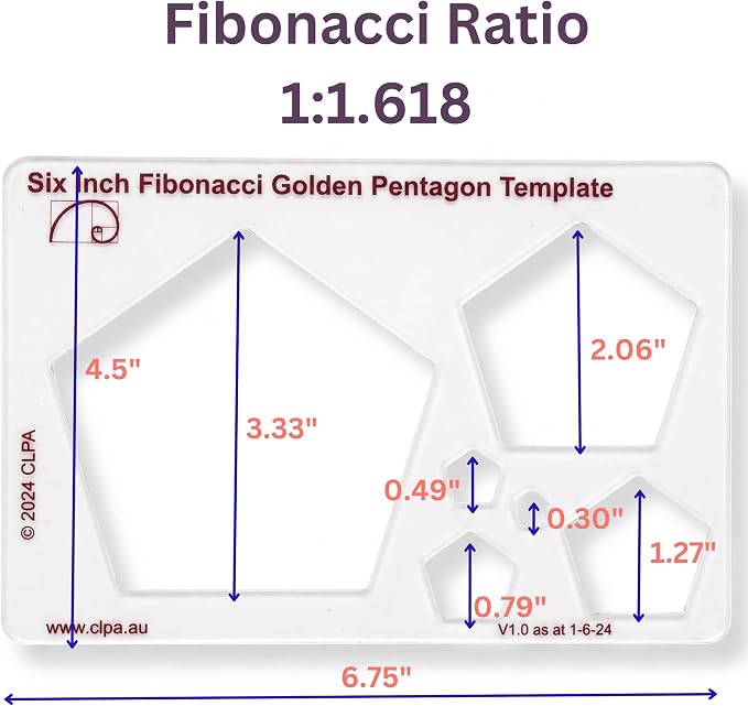 Fibonacci 6" Pentagon Drawing Template, Golden Ratio Stencil | Australian Designed and Made; Geometric Stencil for Art; Drafting and Quilting; PETG