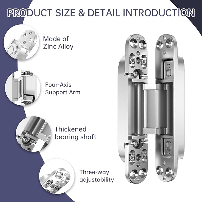4-Pack 7 inch Hidden Hinges for Doors Invisible Hinges Concealed Zinc Alloy 180 Degree Swing 3 Way Adjustable Butt Silent Door Hinge 7 x 2.8 x 1 inch (Silver)