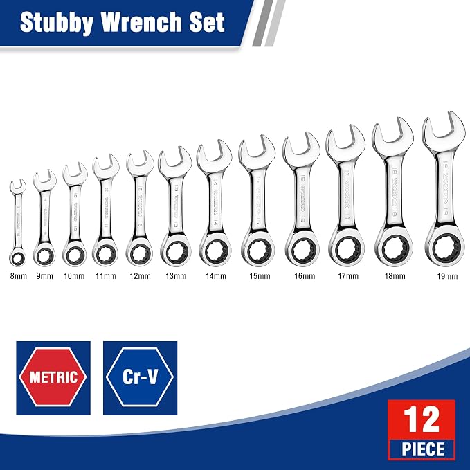 WORKPRO 12PCS Stubby Combination Ratcheting Wrench Set, Metric 8-19mm | with Storage Box, 72-Teeth, Cr-V Steel, HRC 50 Hardness, For Home Project, Auto Repair, Plumbing, Construction, Machinery