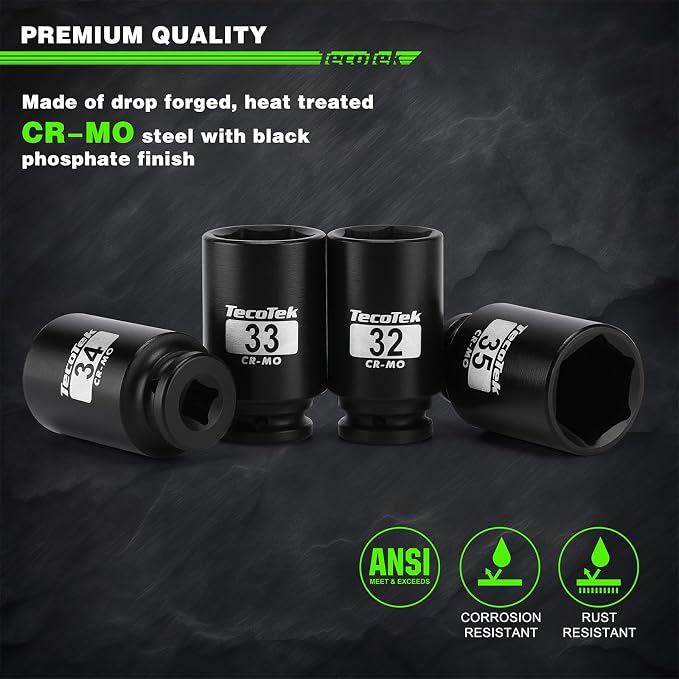TecoTek 1/2" Drive Deep 6-Point Impact Socket Set, 11-Piece Deep Metric Spindle Axle Nut Impact Socket Set, Cr-Mo, 27mm - 41mm