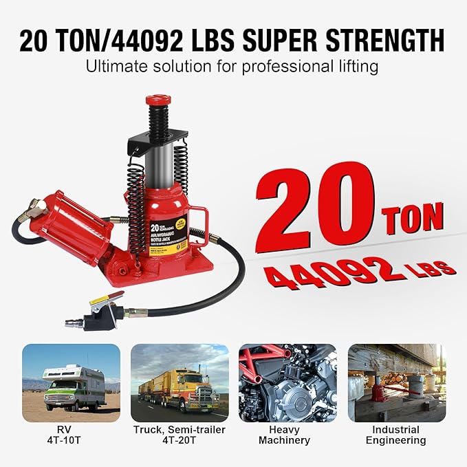 Big RED Air Jack, 20 Ton Hydraulic Bottle Jack, Lift Range 7-1/16" to 12-5/8", Low Profile Heavy Duty Jack with Dual-Power Operation, Adjustable Lift Range & Safety Valve - 20 Ton (40,000 LBS)
