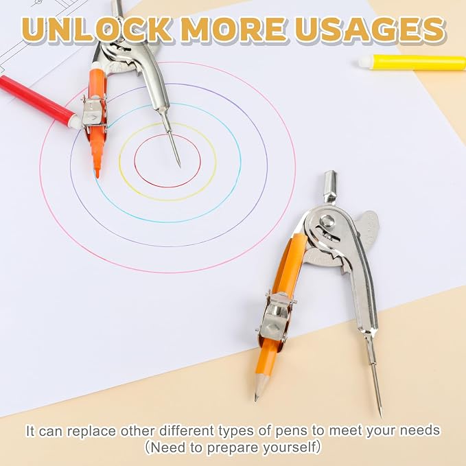 2 Pieces Compass for Geometry Metal Compass Tool Math Compass Bulk Drawing Compass Silver Geometry Compass with Pencil for Student School Classroom Office Woodworking Art Drawing