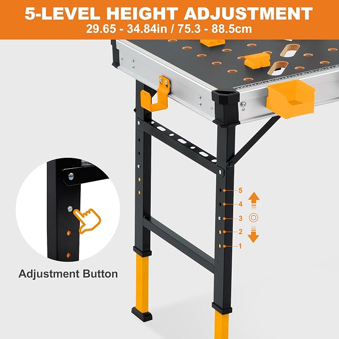 WORKESS Portable Workbench 1000Lbs Capacity 2026 Upgraded Adjustable 5 Level Height Heavy Duty Folding Work Table with 2 Quick Clamps, 4 Bench Dogs, 3 Tool Boxes for Garage Easy Storage