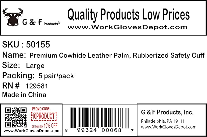 G & F Products Cowhide Leather Work Gloves with Suede Finish Palm rubberized safety cuff, 5 Pairs