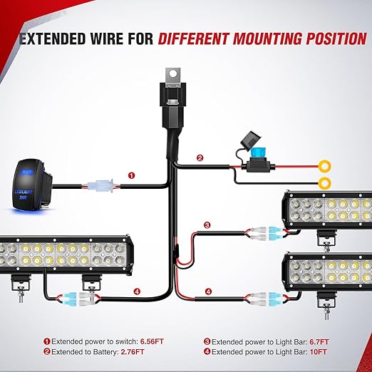 Nilight 16AWG LED Light Bar Wiring Harness Kit - 3 Leads Blue | 12V On Off 5Pin Rocker Switch Laser Waterproof Toggle Power Relay Blade Fuse for Cars Boat ATV Trucks