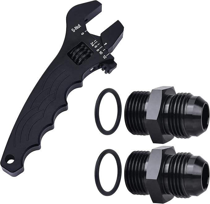 EVIL ENERGY 12AN Flare to 12AN ORB Male Fuel Rail Adapter 2PCS Bundle with Adjustable 3AN-12AN Wrench Aluminum Black