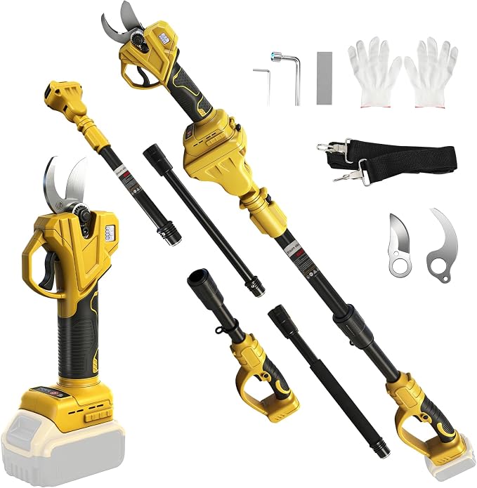 Cordless Pruning Shears Compatible with Dewalt 20V, Electric Pruning Shears with Extension Pole up to 4.57m Range, LCD Display 35 mm Battery Pruning Shears & Loppers for Garden (No Battery)