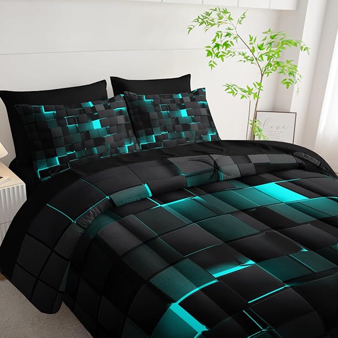 Nttopship Geometric Turquoise Black King Comforter Set,Light Honeycomb Bedding Set 7 Piece in A Bag,Bed Sheet Set Geometry Decor,Microfiber Lightweight All Season