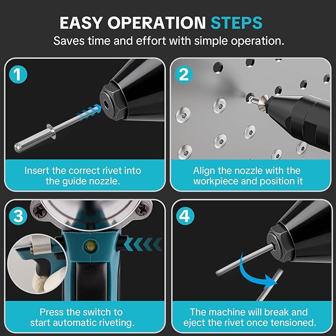 Cordless Electric Rivet Gun Tool, 21V Brushless Power Rivet Gun Kit with 2×2.0Ah Batteries & Charger, Automatic Pop Rivet Gun for 1/8", 5/32", 3/16" Rivets, Ideal for Auto Repair, Construction & DIY