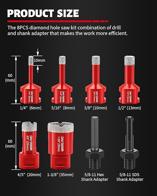 DAYDOOR Diamond Hole Saw Kit, 8-Piece Tile Hole Saw Kit 1/4" 5/16" 3/8" 1/2" 4/5" 1-3/8", Vacuum Brazed Core Drill Bits for Porcelain Tile, Granite, Marble, Stone(Red)