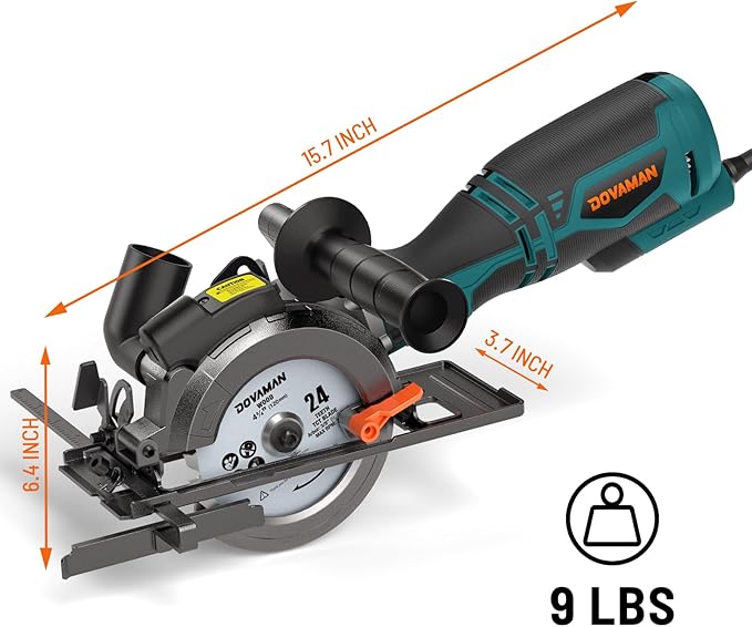DOVAMAN Circular Saw, 5.8A 4-1/2" Circular Saw w/Laser, Metal Auxiliary Handle, 6 Blades (4½", 4¾"), Cutting Depth 1-11/16" (90°), 1-3/8" (45°), Ideal for Wood, Soft Metal, Plastic, Tile - MCS01A