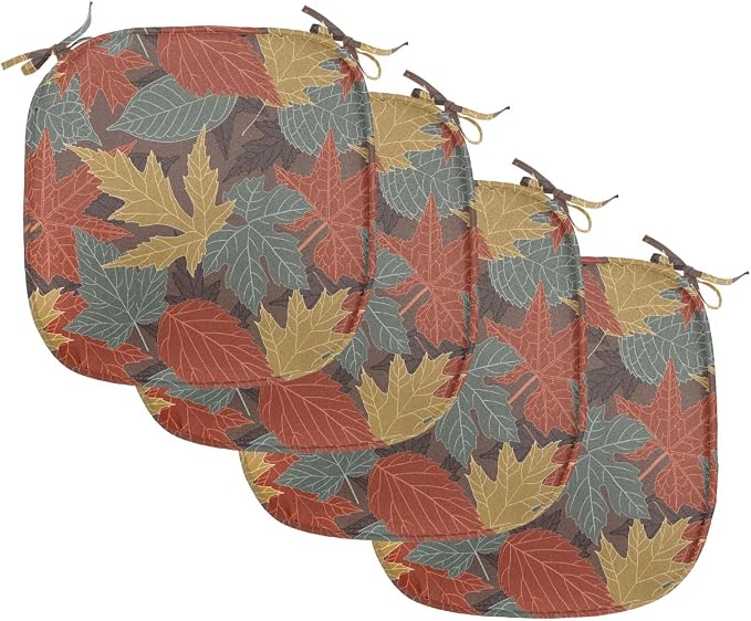 Lunarable Fall Leaves Chair Seating Cushion Set of 4, Large Leaf Silhouettes in Earth Tones, Anti-Slip Seat Padding for Kitchen & Patio, 16"x16", Paprika Multicolor