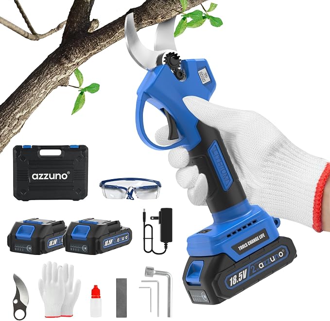 AZZUNO 20V Cordless Electric Pruning Shears: 1.1 Inch Brushless Pruner with LCD Display & SK5 Blades, Portable Branch Cutter for Gardening Tree Trimming (2Pcs 2.0Ah Batteries and Charger Included)