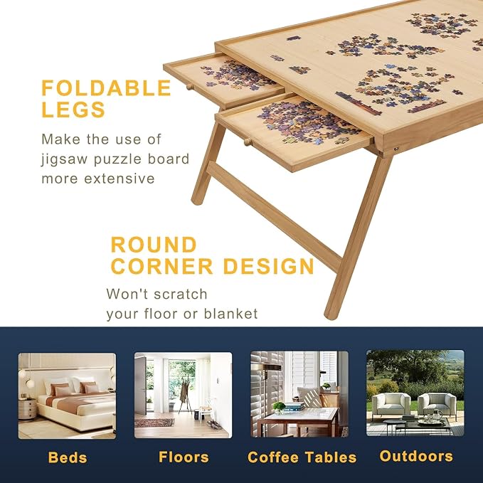 TEAKMAMA 1500Pcs Jigsaw Puzzle Table with 4 Drawers for Adults,Natural | Wooden Jigsaw Foldable Puzzle Board with legs,with Protective Cover,Multifunctional Game Table,34W x 26.3D
