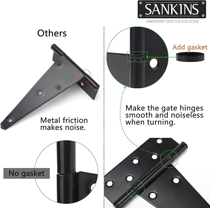 8 Inch T-Strap Shed Door Hinges Heavy Duty, Black Tee Hinge for Wooden Fences, Yard Door, Barn Door Gates, Wrought Hardware Rustproof, 6 PCS