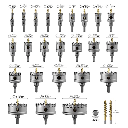 GSTK Upgraded 26 PCS Heavy Duty Carbide Hole Saw Set, Metal Steel Drill Bit, TCT Cutter, 24 Saws with 2*Extra Pilot Center Drills, Ideal for Metal, Iron, Stainless (1/2''- 3-15/16'')-26PCS