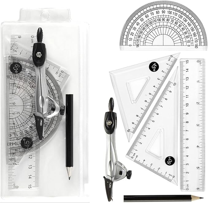 Protractor and Compass Set with Rulers, All-in-One Compass Geometry Tool Kit for Students and Technical Drawing