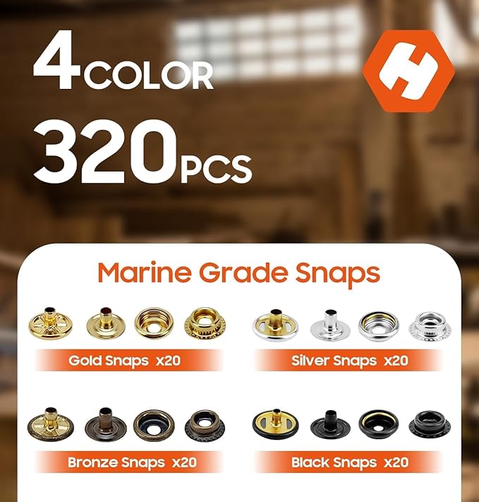 Snap Tool for Boat Covers, Heavy Duty Snap Fastener Tool, Snap Installation Tool with 320 PCS 4 Color 15mm Metal Snaps for Fabric
