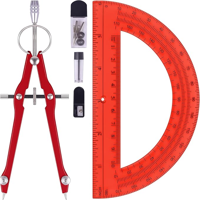 Unjoo Compass and Protractor Set, Professional Drawing Compass Tool, Metal Compass with Extra Refills, Compass for Geometry and 6 Inch Math Protractors 180 Degree (Red)