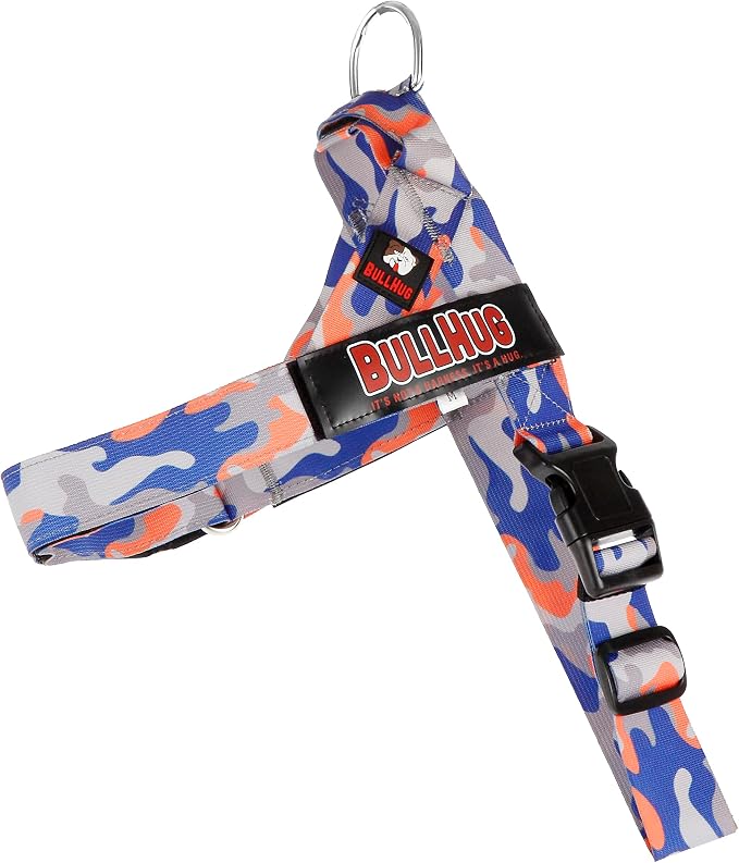 Adjustable Dog Harness– No Pull, No Choke – for English Bulldogs, French Bulldogs, Pugs & Broad-Chested Breeds – Easy, Safe Walks (Orange/Blue Camouflage, Medium)
