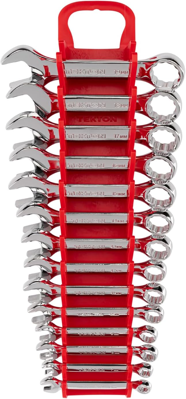 TEKTON Stubby Combination Wrench Set, 14-Piece | WCB92402 | (6 - 19 mm), Wrench Holder, Chrome Finish