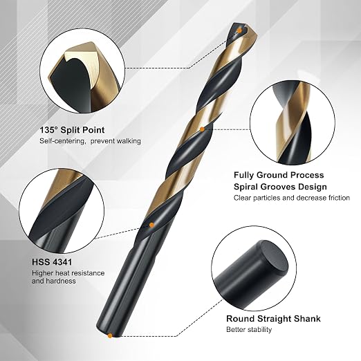 29Pcs Cobalt Drill Bit Set, 135 Degree Tip High Speed Steel with Black and Gold Finish, Stainless Steel, Plastic and Wood with Indexed Round Case 1/16"-1/2"