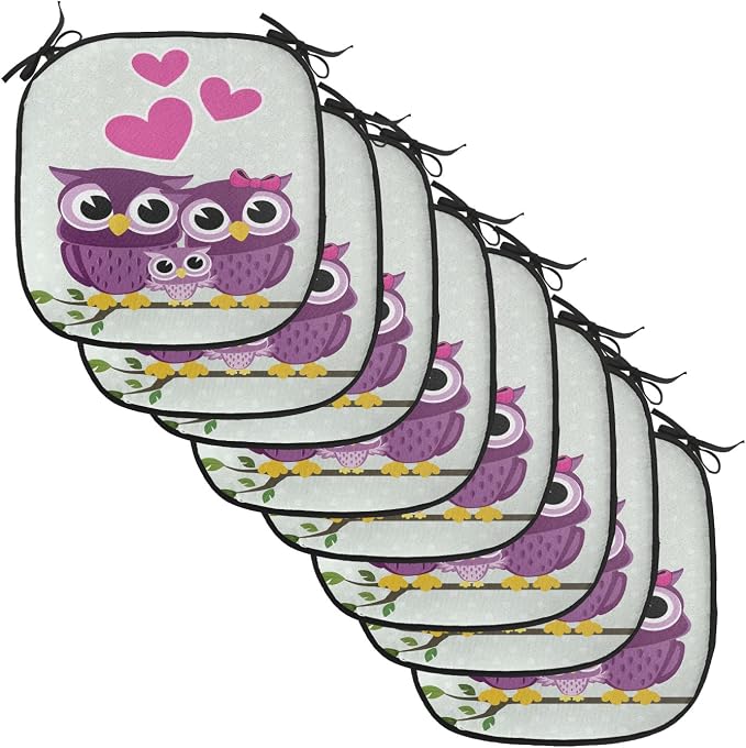 Lunarable Owls Chair Cushion Pads Set of 8, Animal Couple Owl Sitting on a Branch Family Portrait Cartoon Art, Anti-Slip Seat Padding for Kitchen & Patio, 16"x16", Purple Yellow Pink