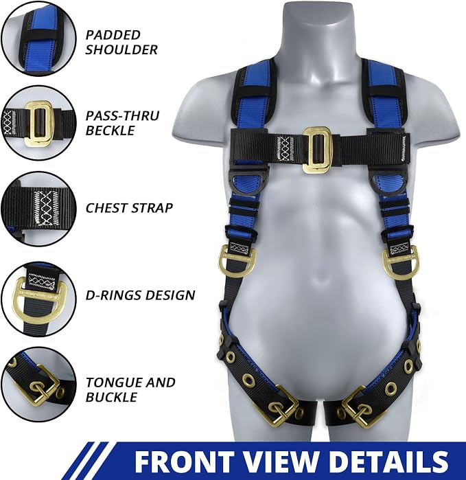 TRSMIMA Safety Harness Fall Protection - Fall Arrest Climbing Roofing Work Belt with Back Shoulder Padded D-Ring Grommet Legs Approved ANSI