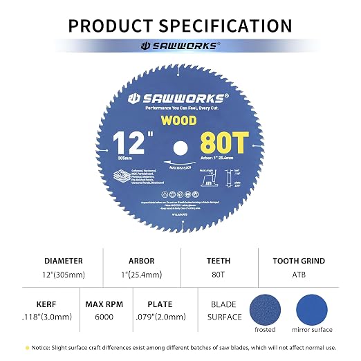 SawWorks 12" 80T ATB Carbide Circular Saw Blade, 1" Arbor, Sliding Miter Saw Trim Veneer Panel Wood Cutting Blade
