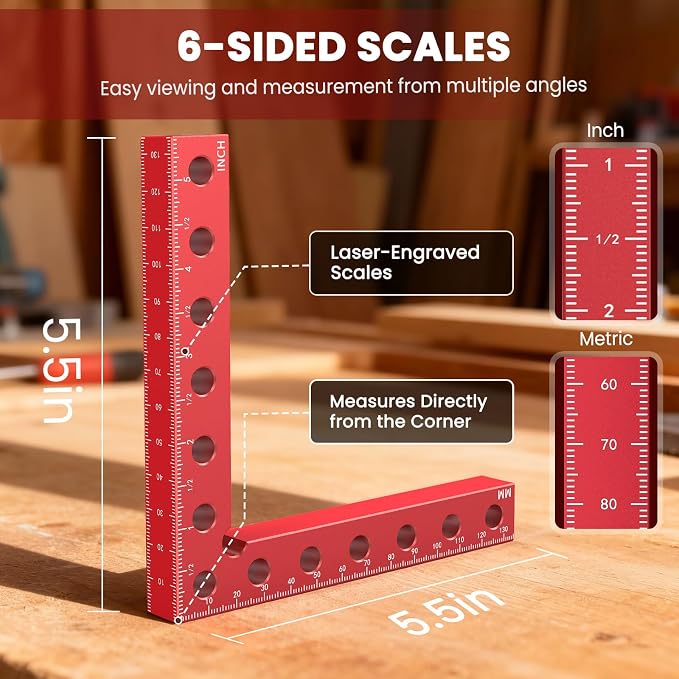 WETOLS Corner Clamps for Woodworking, 4Pcs 5.5" Aluminum Alloy Right Angle Clamp, Spreader Positioning Squares with 6-Sided Scales, 90 Degree Clamp for Cabinets, Drawers, Shelves, Frames