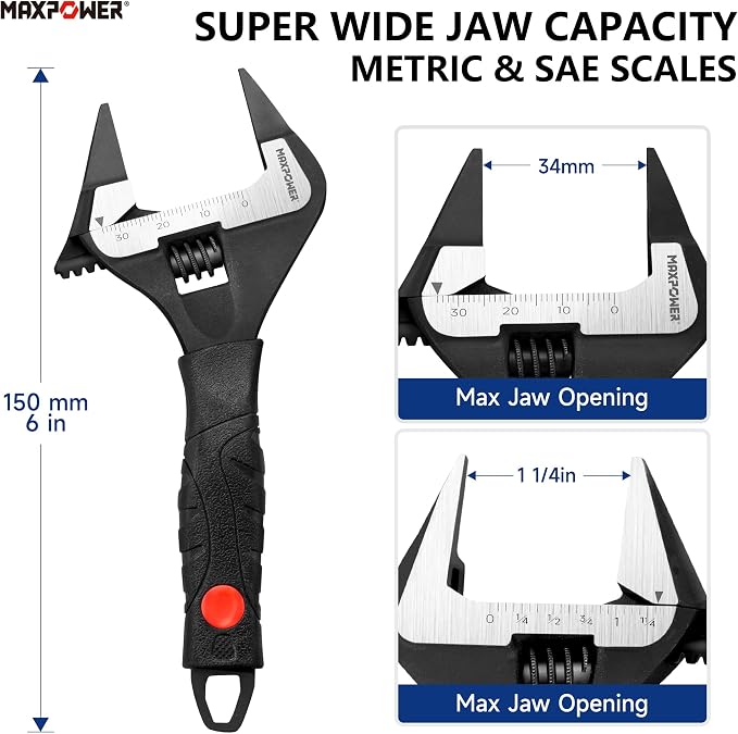 MAXPOWER 6-inch Slim Jaw Adjustable Wrench, Extra Thin Jaw Wide Opening Wrench, Dual Scale with Metric and SAE, Soft Grip Handle