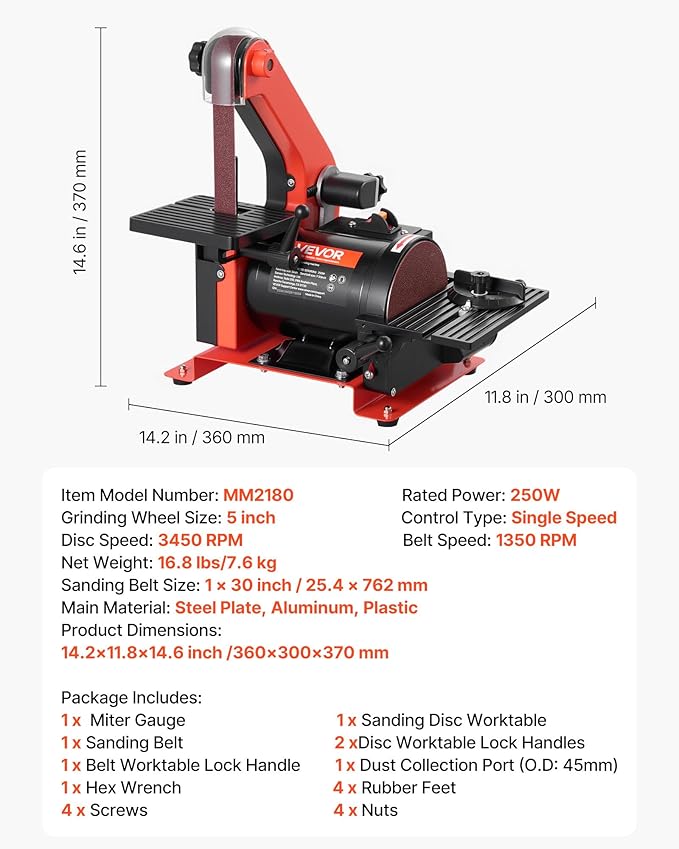 VEVOR 5" Disc Sander & 1" x 30" Belt Sander, 250W Benchtop Belt Disc Sanders Combo with 0-45° Adjustable Worktable & Dust Collection Ports for Woodworking, Furniture Refinishing, DIY Crafting