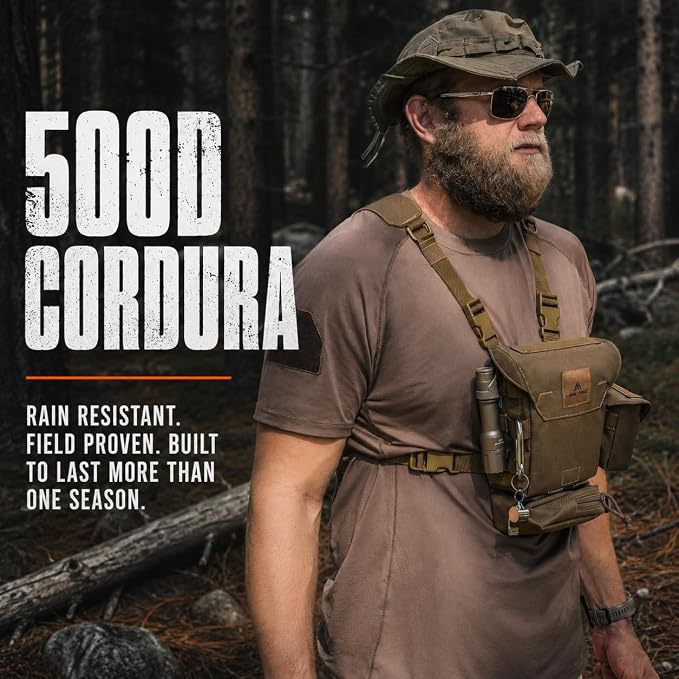Binocular Harness Chest Pack - Bino Harness Hunting Chest Rig | Waterproof 500D Cordura case, silent magnetic closure, MOLLE rangefinder pouch, elk deer glassing
