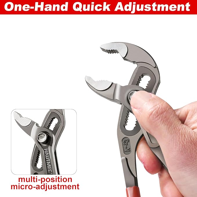 HAUTMEC 7-Inch Water Pump Pliers, Fast Adjustable Tongue and Groove Joint Pliers, V-Jaw with Comfort Grips, Rust-Proof CRV Steel Construction for Plumbing, Home Repair, and Pipe Fittings HT0366-PL