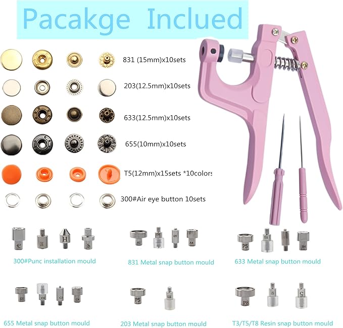 Heavy-Duty Snap Tool Fasteners Kit, Snap Pliers Set for T3/T5/T8 Plastic & Copper Buttons Screw Marine Grade for Replacing Snaps, Repairing Boat Covers, Canvas, Tarps